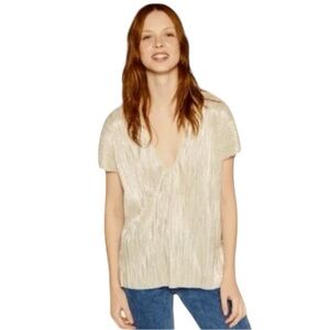 Zara glamorous champagne Metallic lovely Pleated Short Sleeve V Neck
Top Blouse